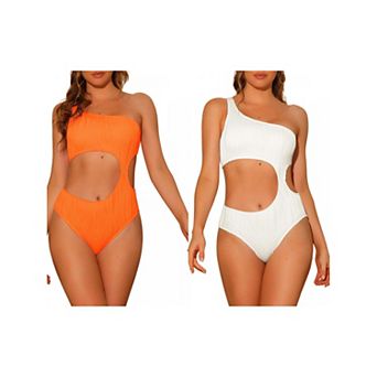 2 Packs Women's One-piece One Shoulder Swimsuit, Asymmetric Waist Cutout Ribbed Swimwear Monokini