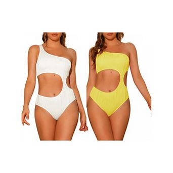 2 Packs Women's One-piece One Shoulder Swimsuit, Asymmetric Waist Cutout Ribbed Swimwear Monokini
