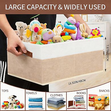 3 Pack Fabric Storage Bins with Leather Handles for Organizing Clothes and More