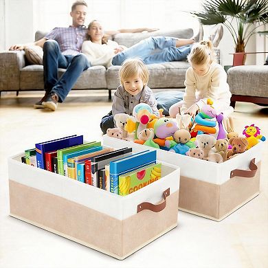 3 Pack Fabric Storage Bins with Leather Handles for Organizing Clothes and More