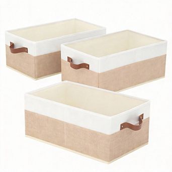 3 Pack Fabric Storage Bins with Leather Handles for Organizing Clothes and More