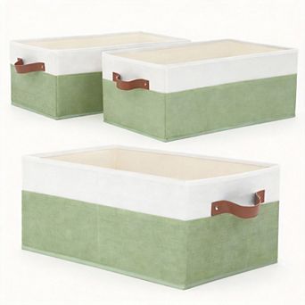 3 Pack Fabric Storage Bins with Leather Handles for Organizing Clothes and More