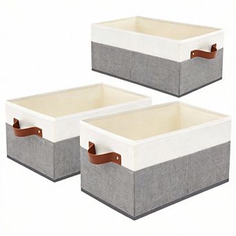 3 Pack Fabric Storage Bins with Leather Handles for Organizing Clothes and More