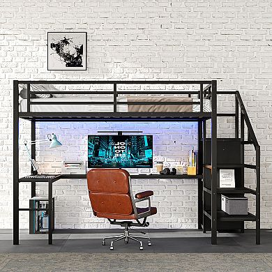 Metal Loft Bed with L-shaped Desk and USB, with Wardrobe and Adjustable Shelf, with LED