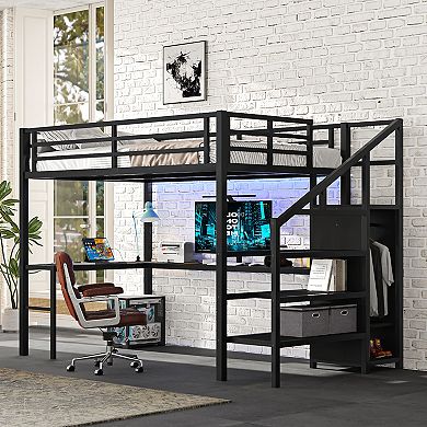 Metal Loft Bed with L-shaped Desk and USB, with Wardrobe and Adjustable Shelf, with LED