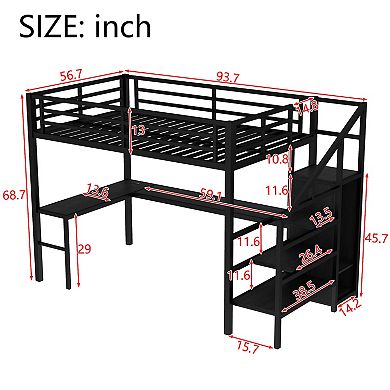 Metal Loft Bed with L-shaped Desk and USB, with Wardrobe and Adjustable Shelf, with LED