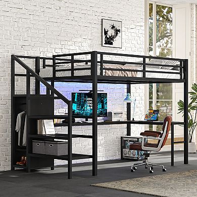 Metal Loft Bed with L-shaped Desk and USB, with Wardrobe and Adjustable Shelf, with LED