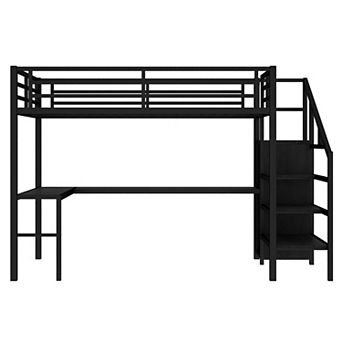 Metal Loft Bed with L-shaped Desk and USB, with Wardrobe and Adjustable Shelf, with LED