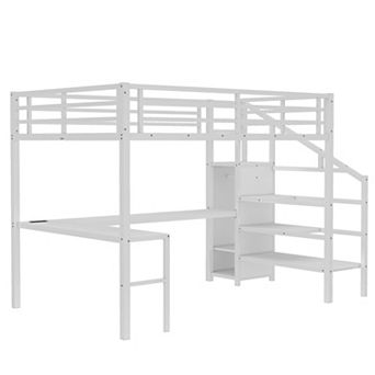 Metal Loft Bed with L-shaped Desk and USB, with Wardrobe and Adjustable Shelf, with LED
