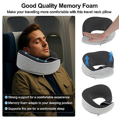 Neck Pillow for Airplane Travel, Ergonomic Memory Foam Support for Flights, w Eye Mask, Earplugs
