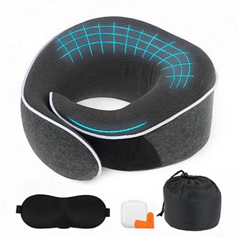 Neck Pillow for Airplane Travel, Ergonomic Memory Foam Support for Flights, w Eye Mask, Earplugs