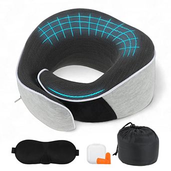 Neck Pillow for Airplane Travel, Ergonomic Memory Foam Support for Flights, w Eye Mask, Earplugs