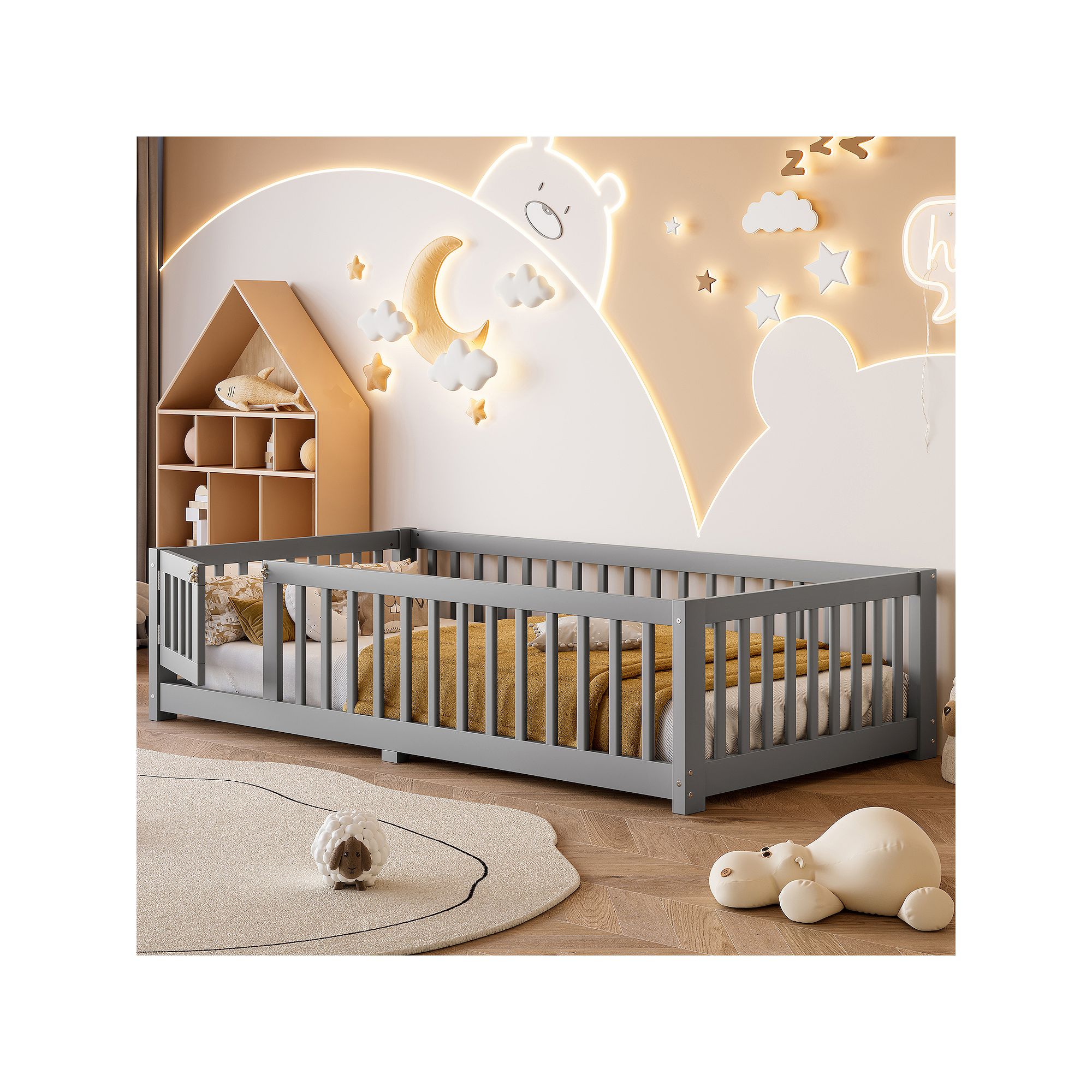 Gray kids floor bed with safety rails and door opening