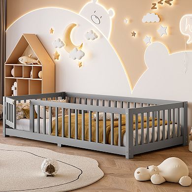 Bed Floor Bed with Safety Guardrails and Door for Kids