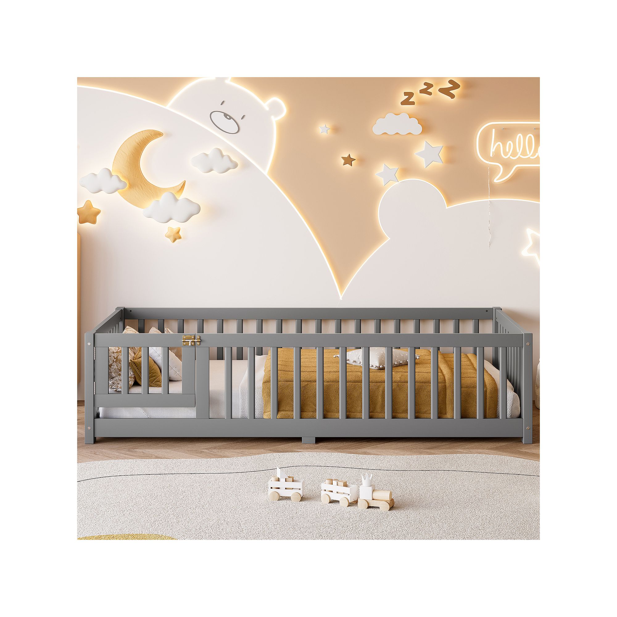 Gray low kids bed with safety guardrails and slatted mattress base