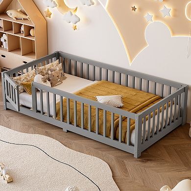 Bed Floor Bed with Safety Guardrails and Door for Kids