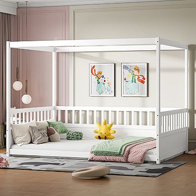 Canopy Bed Frame with Guardrails for Kids,Floor Bed Twin with Four Poster Design