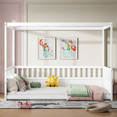 Canopy Bed Frame with Guardrails for Kids,Floor Bed Twin with Four Poster Design