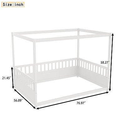 Canopy Bed Frame with Guardrails for Kids,Floor Bed Twin with Four Poster Design