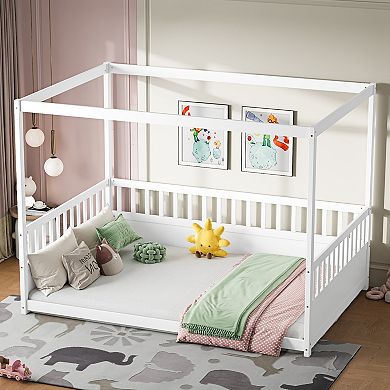 Canopy Bed Frame with Guardrails for Kids,Floor Bed Twin with Four Poster Design