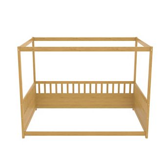Canopy Bed Frame with Guardrails for Kids,Floor Bed Twin with Four Poster Design