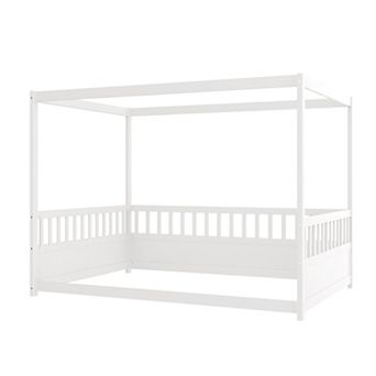 Canopy Bed Frame with Guardrails for Kids,Floor Bed Twin with Four Poster Design