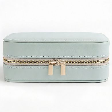 Full Grain Leather Jewelry Case with Mirror 5 Hooks, 16 Holes, 7 Rolls, 3 Dividers