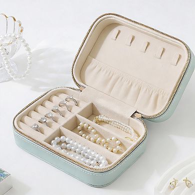 Full Grain Leather Jewelry Case with Mirror 5 Hooks, 16 Holes, 7 Rolls, 3 Dividers