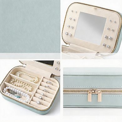 Full Grain Leather Jewelry Case with Mirror 5 Hooks, 16 Holes, 7 Rolls, 3 Dividers