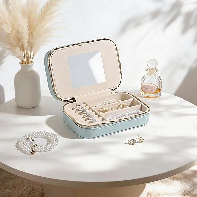 Full Grain Leather Jewelry Case with Mirror 5 Hooks, 16 Holes, 7 Rolls, 3 Dividers