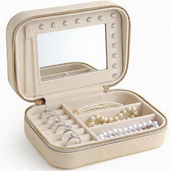 Full Grain Leather Jewelry Case with Mirror 5 Hooks, 16 Holes, 7 Rolls, 3 Dividers