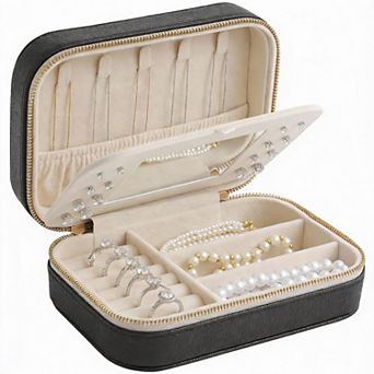 Full Grain Leather Jewelry Case with Mirror 5 Hooks, 16 Holes, 7 Rolls, 3 Dividers