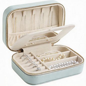 Full Grain Leather Jewelry Case with Mirror 5 Hooks, 16 Holes, 7 Rolls, 3 Dividers