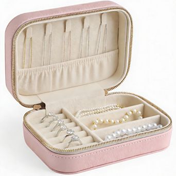 Full Grain Leather Jewelry Case with Mirror 5 Hooks, 16 Holes, 7 Rolls, 3 Dividers