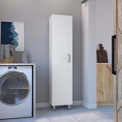 Vernon Slim Storage Cabinet with 4-Tier Shelf and Broom Hangers, White