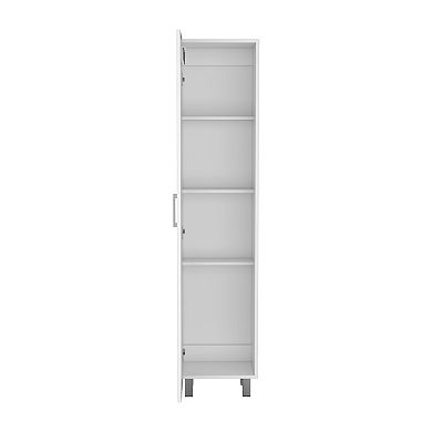 Vernon Slim Storage Cabinet with 4-Tier Shelf and Broom Hangers, White