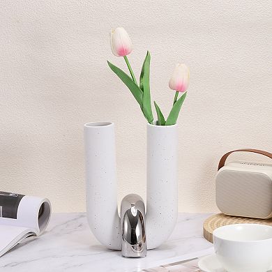 Ceramic Modern Flower Vase, U-Shape Art Ceramic Statues Centerpiece Ornament for Home Decor, White