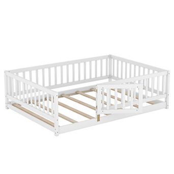 Floor Bed with Slats, Montessori Floor Bed with Fence and Door, Kids Montessori Bed Twin Size