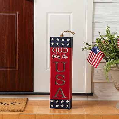 Glitzhome 24.75"H Lighted Patriotic Decor, Patriotic Wooden Firecracker Porch Decor