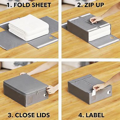 6 Pack Foldable Bed Sheet Organizers - Gray, 5"x15"x12.8" with Circle Window, Label Cards