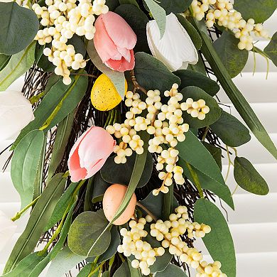 Glitzhome 26"H Bunny & Tulip Teardrop Wall Decor, Metal Wall Hanging Decoration for Easter Holiday