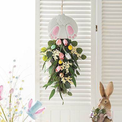 Glitzhome 26"H Bunny & Tulip Teardrop Wall Decor, Metal Wall Hanging Decoration for Easter Holiday