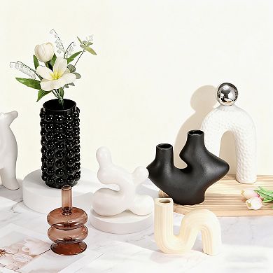 Brown Glass Double Ring Vase, Brown Minimalist Home Decor Desktop Ornaments for Desk Shelf