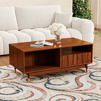 Walnut Finish Coffee Table with Storage, Mid-Century Modern Center Table, Brown with Storage, Brown