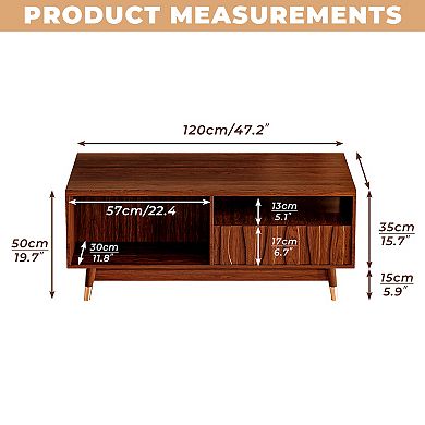 Walnut Finish Coffee Table with Storage, Mid-Century Modern Center Table, Brown with Storage, Brown
