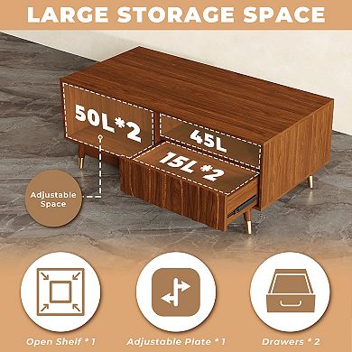 Walnut Finish Coffee Table with Storage, Mid-Century Modern Center Table, Brown with Storage, Brown