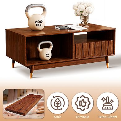 Walnut Finish Coffee Table with Storage, Mid-Century Modern Center Table, Brown with Storage, Brown