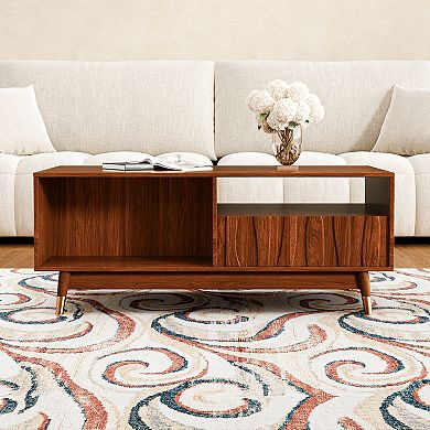 Walnut Finish Coffee Table with Storage, Mid-Century Modern Center Table, Brown with Storage, Brown