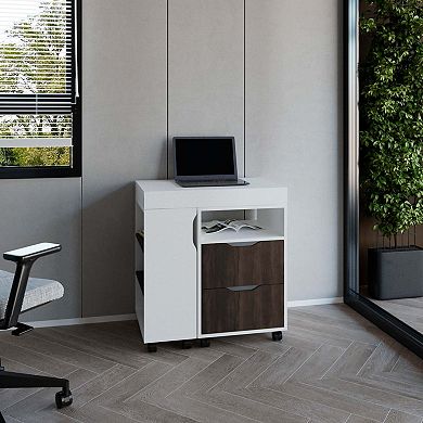 Odessa Extendable Desk, 2 Drawers, 4 Shelves, 4 Wheels