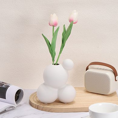 Ceramic Modern Flower Vase, Round Ball Combination Art Ceramic Statues Centerpiece Ornament, White